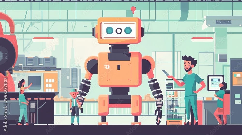 Poster a friendly robot interacts with engineers in a modern workshop environment during the daytime