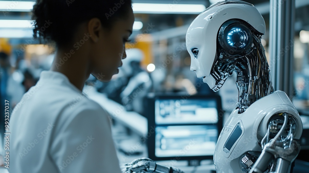 Poster a scientist interacts with an advanced robot in a high-tech research lab during the day, showcasing 