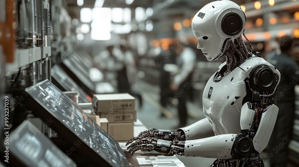 Poster a scientist interacts with an advanced robot in a high-tech research lab during the day, showcasing 