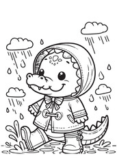 Coloring page for kid crocodile wearing raincoat