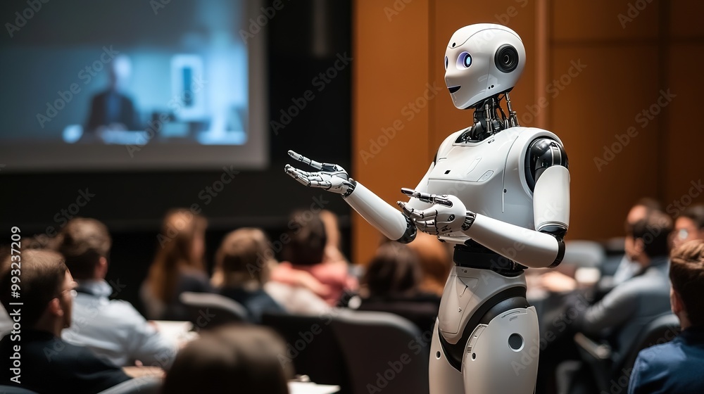 Poster a humanoid robot presents innovative technology to an engaged audience during a conference on artifi