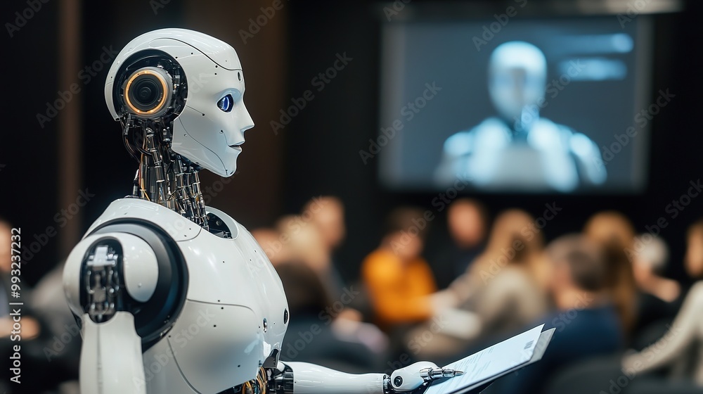 Poster a humanoid robot presents innovative technology to an engaged audience during a conference on artifi