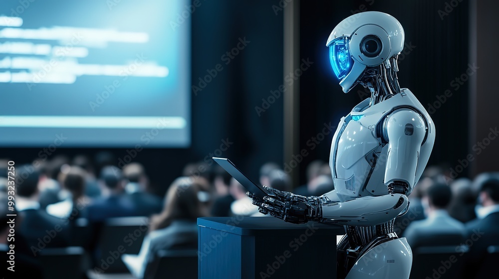 Poster a humanoid robot presents innovative technology to an engaged audience during a conference on artifi