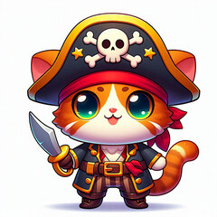 Fototapeta premium cute red cat in a pirate costume chibi style character