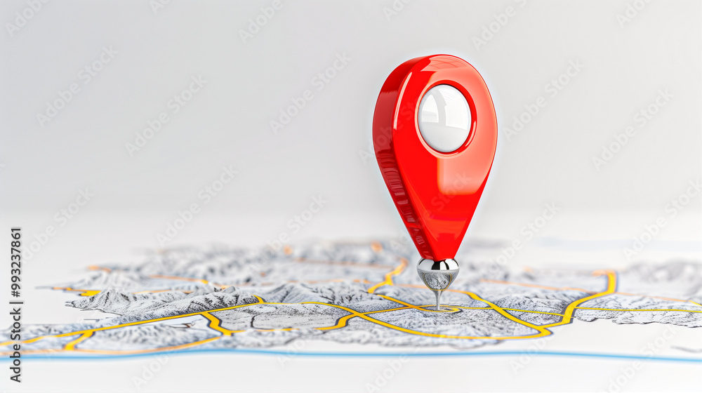 Poster map pin and location marker on map background highlighting place of interest
