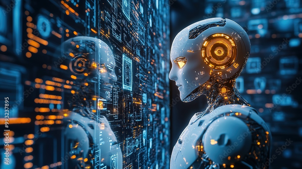 Poster a futuristic robot head illuminated by glowing circuitry, showcasing advanced technology and artific