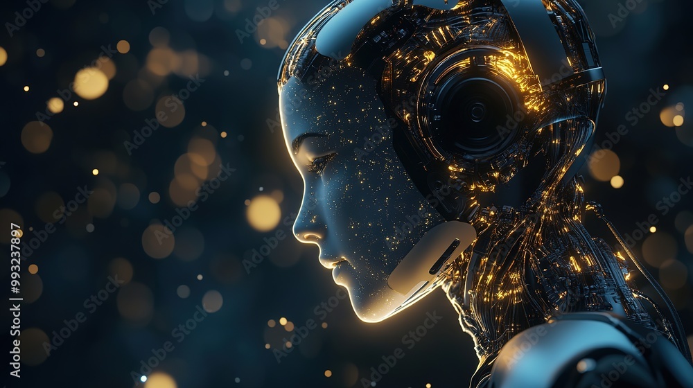 Poster a futuristic robot head illuminated by glowing circuitry, showcasing advanced technology and artific