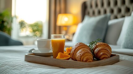 A cozy morning in a hotel with a tray of breakfast treats on a fuzzy bed background