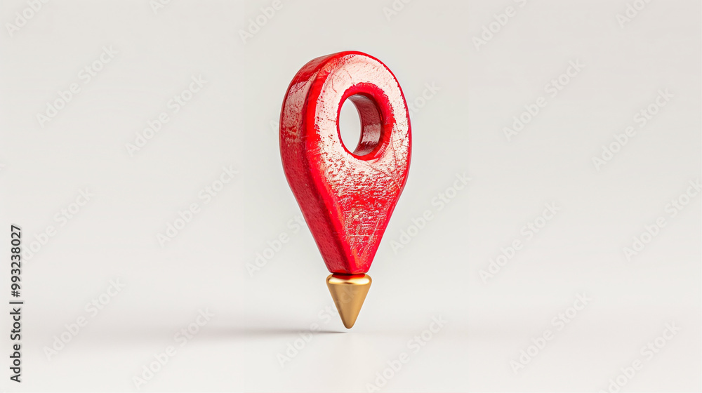 Poster map marker and location pin in red color with golden tip on a white background showcasing navigation