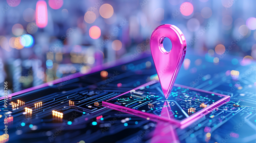 Poster location pin on digital map futuristic technology and navigation concept with vibrant colors and cir