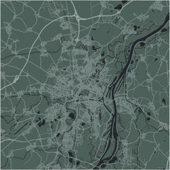 Map of Strasbourg in France in a smooth dark style. Contains layered vector with roads water, parks, etc.