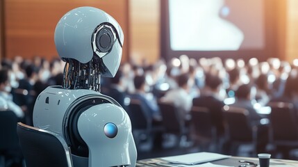 A humanoid robot presents innovative technology concepts at a conference in a modern urban setting during a business symposium