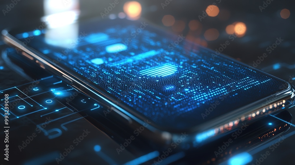 Poster a close-up view of a smartphone on a circuit board with illuminated patterns, showcasing technology 