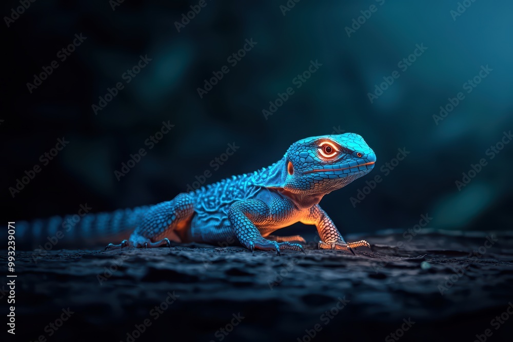 Aufkleber a vibrant blue lizard resting on a log in a mystical environment with soft lighting.