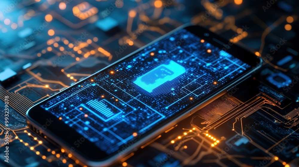 Poster a close-up view of a smartphone on a circuit board with illuminated patterns, showcasing technology 