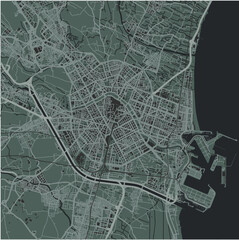 Map of Valencia in Spain in a smooth dark style. Contains layered vector with roads water, parks, etc.