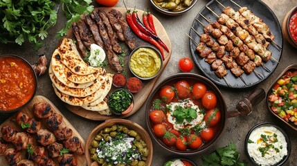 Try this Arabic food with an array of appetizers on an old concrete backdrop. The meal is also Halal. Culture from Lebanon, Turkey, and Egypt, with grilled vegetables and a great view of the table.
