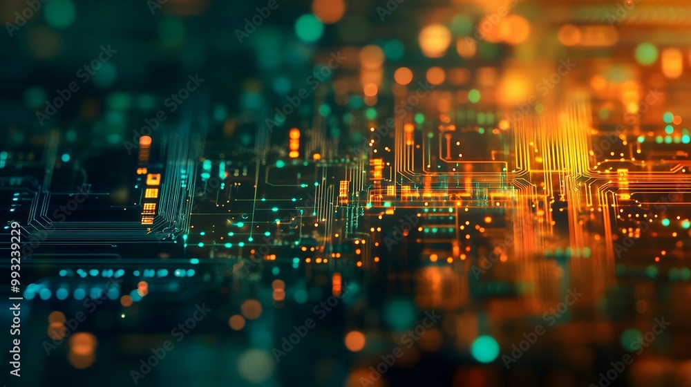 Poster abstract representation of a circuit board with glowing lines and bokeh lights