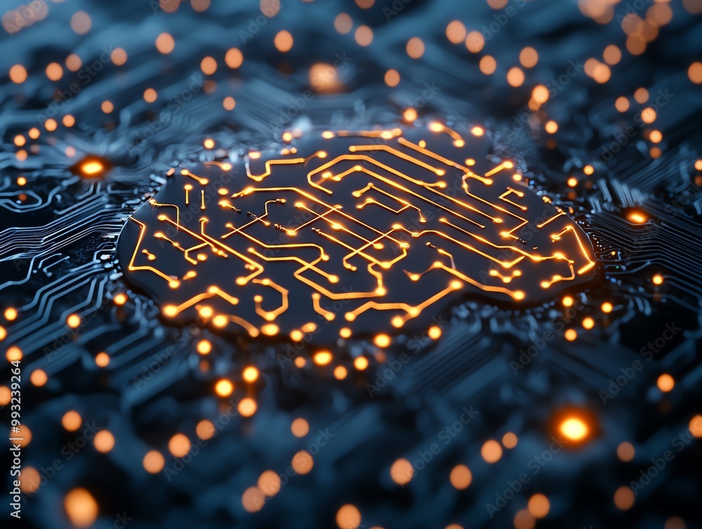 Poster a stylized brain circuit board embedded on a larger circuit board, with glowing orange connections.