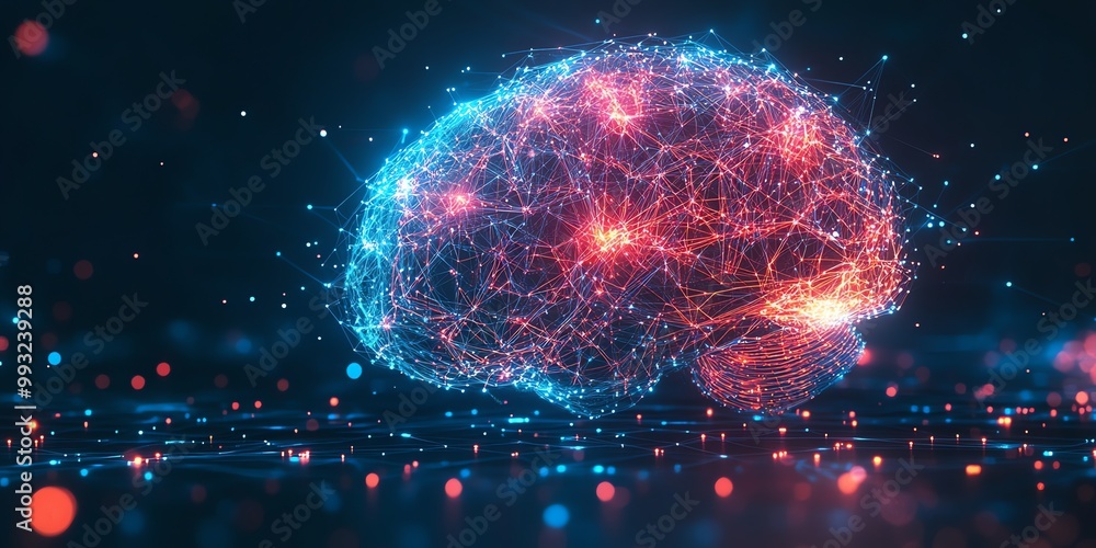 Poster a stylized 3d digital rendering of a human brain in a network of glowing lines and points with a dar