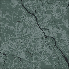 Map of Warsaw in Poland in a smooth dark style. Contains layered vector with roads water, parks, etc.