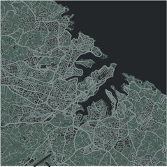 Map of Valletta in Malta in a smooth dark style. Contains layered vector with roads water, parks, etc.