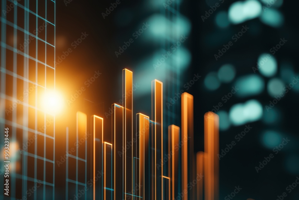 Poster abstract financial graph with glowing bars on a dark background, representing data analysis and grow