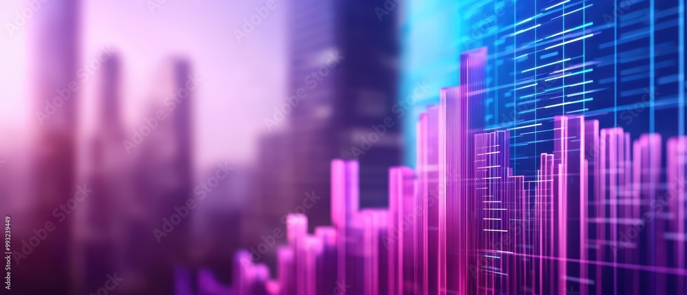 Poster abstract financial data visualization with colorful graphs and cityscape background.
