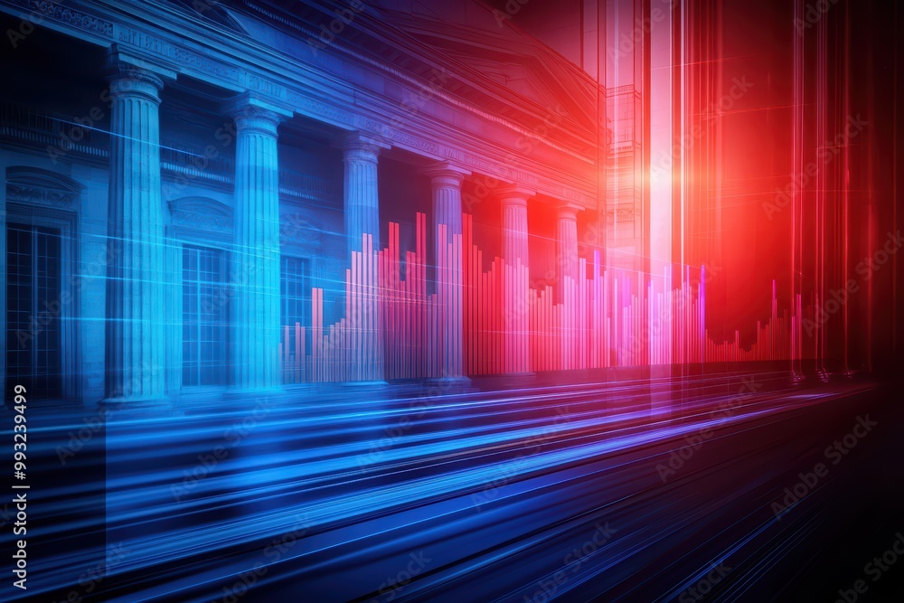 Poster abstract futuristic cityscape with dynamic lines, glowing lights, and columns reflecting motion and 