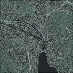 Map of Zurich in Switzerland in a smooth dark style. Contains layered vector with roads water, parks, etc.