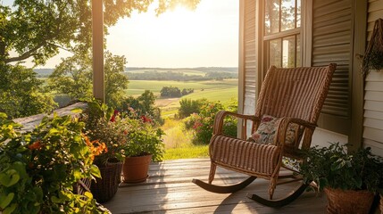 Obraz premium A sunlit farmhouse porch featuring a wicker rocking chair