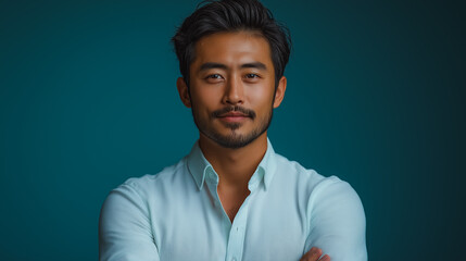 Obraz premium A man with a beard and mustache is standing in front of a blue background