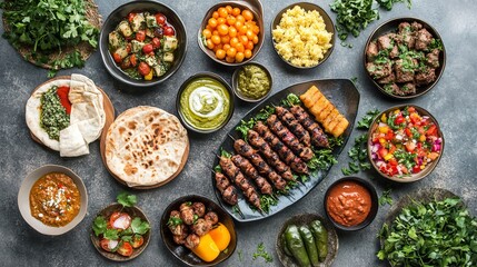 Try this Arabic food with an array of appetizers on an old concrete backdrop. The meal is also Halal. Culture from Lebanon, Turkey, and Egypt, with grilled vegetables and a great view of the table.
