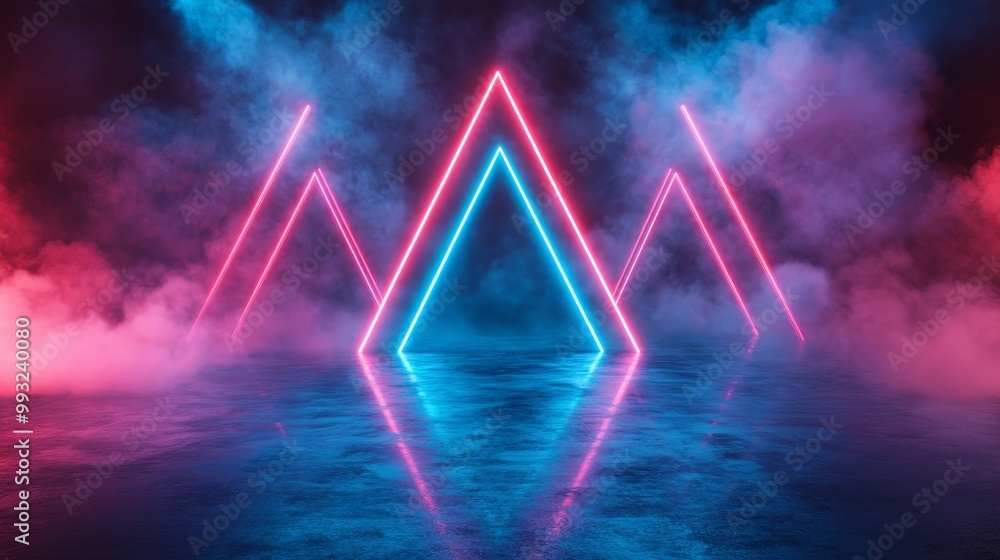 Poster an abstract background with pink and blue neon lights in a triangle shape and metallic geometric wal