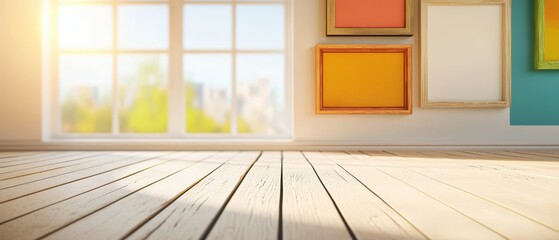Bright interior with wooden floor and colorful picture frames against a sunny window view.