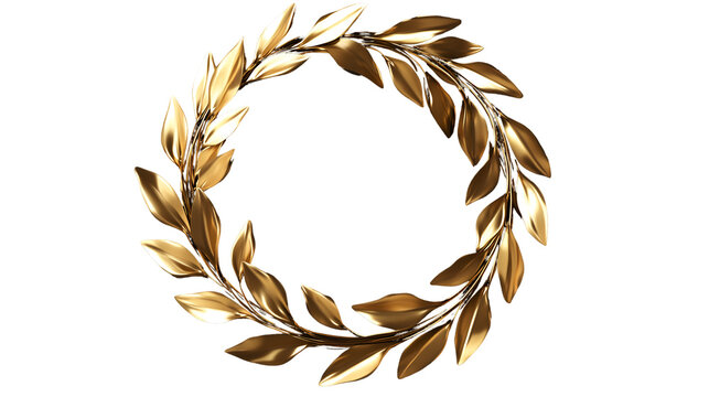 Creative detailed golden laurel wreath transparent PNG in a circular shape with a metallic finish. Perfect for awards, certificates, or celebratory designs with easy use on backgrounds. Generative AI.