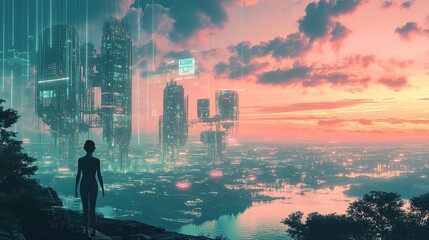 Fototapeta premium Vibrant sunset over a city skyline with digital elements reflecting technology and innovation, showcasing urban life and progress