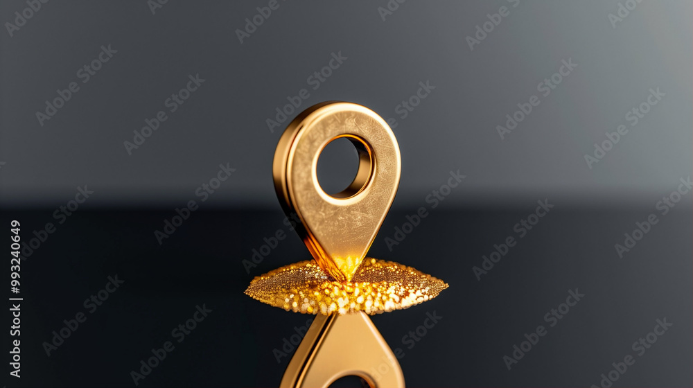 Poster location marker on shiny surface with golden effect and reflections for navigation and mapping