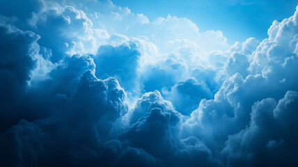 Gloomy blue storm clouds, sunlight.