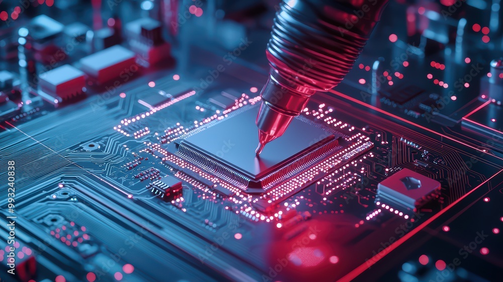 Poster close-up of a robotic arm soldering a microchip on a circuit board with glowing lights.