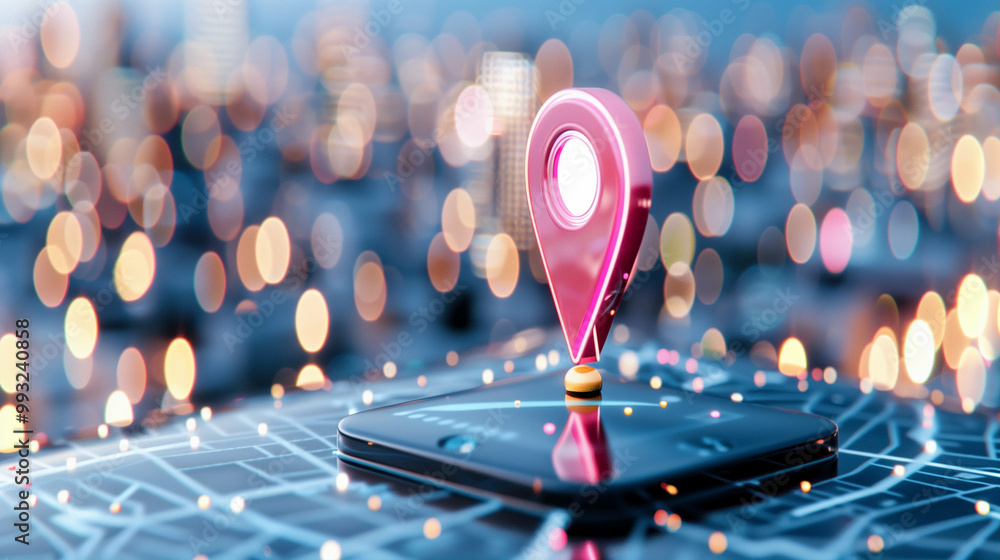 Poster location pin on smartphone map representing technology and navigation in urban setting with vibrant 