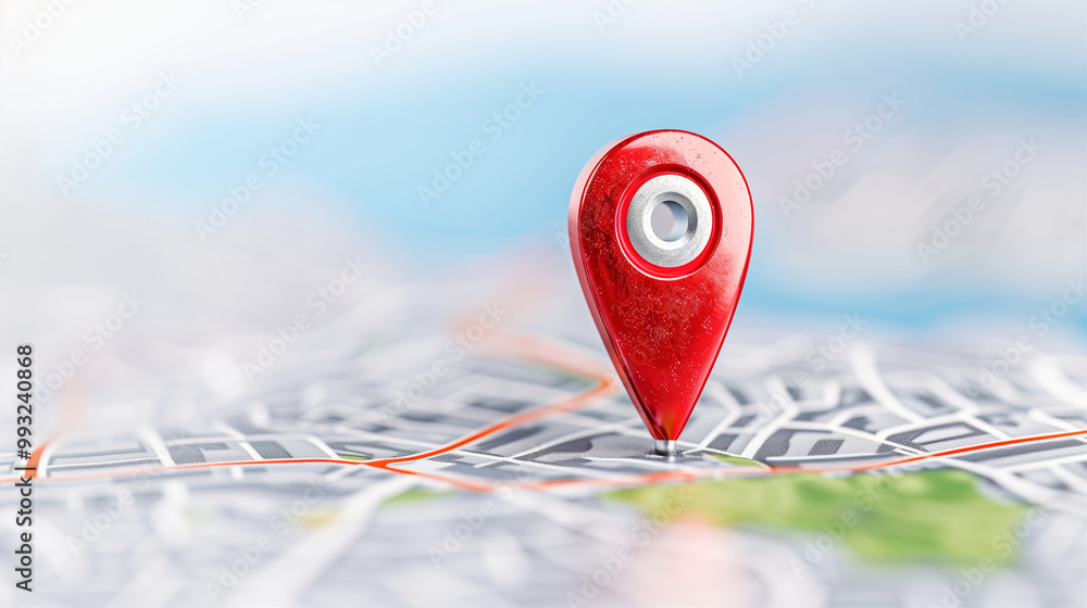 Poster map pin location marker on a detailed map with blurred background and vibrant colors
