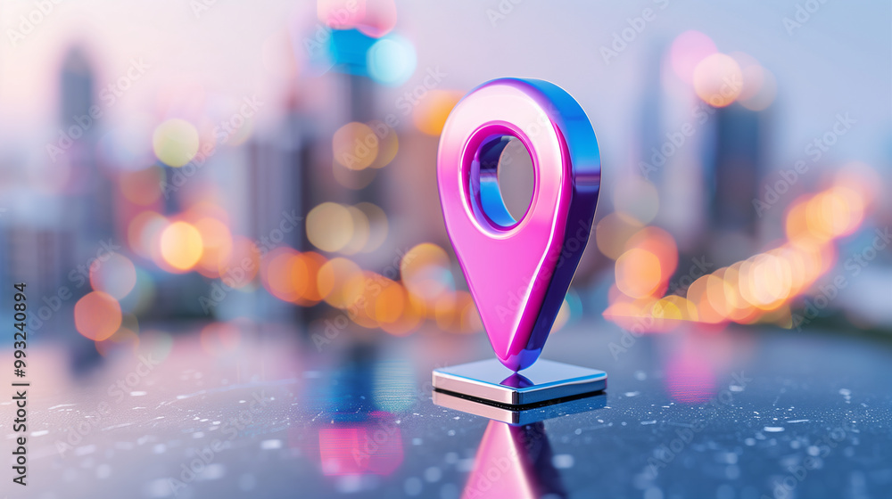 Poster location marker on digital map in urban cityscape with bokeh background showcasing navigation and te