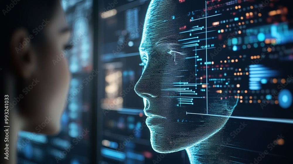Aufkleber futuristic digital human profile surrounded by glowing data patterns in a technological environment 