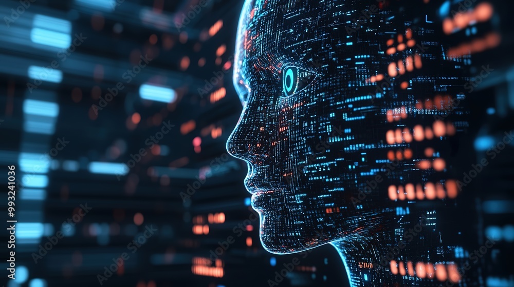 Aufkleber futuristic digital human profile surrounded by glowing data patterns in a technological environment 