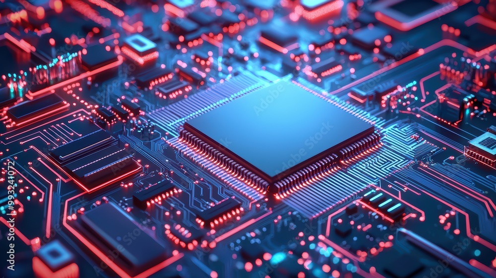 Poster close-up view of a modern microprocessor on a circuit board with vibrant lighting.