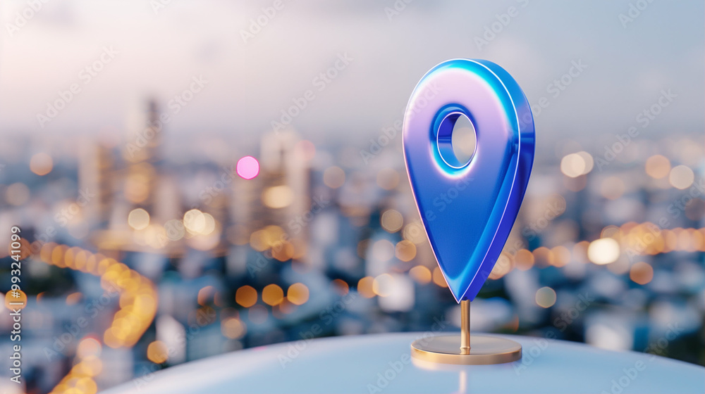 Poster location pin on cityscape background with urban view and bokeh lights for navigation and mapping