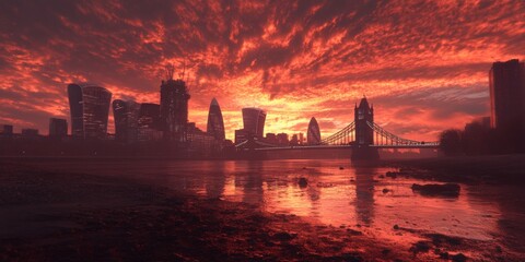 Obraz premium Stunning sunset over a modern city skyline with vibrant orange and red hues reflecting on the river.