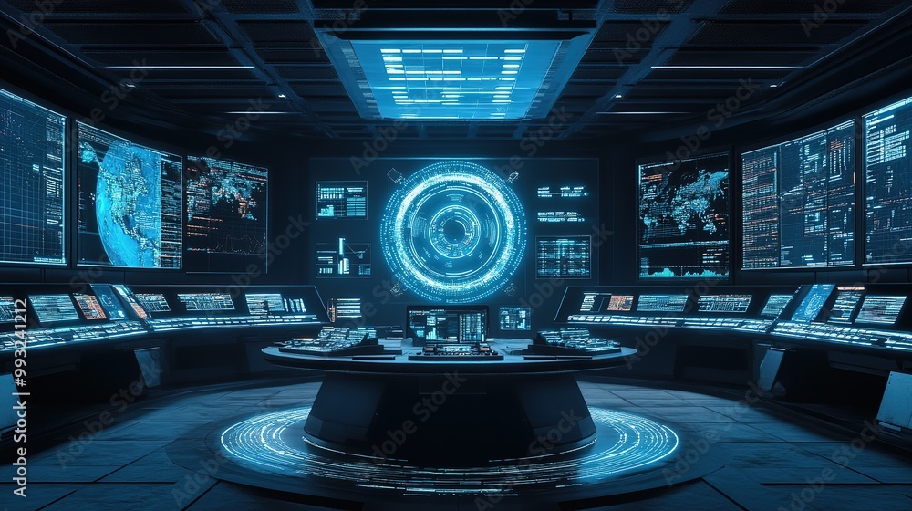 Poster a high-tech control room featuring multiple screens and advanced technology in a futuristic setting 