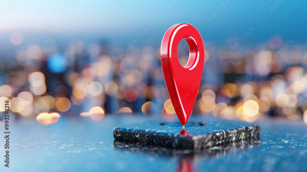 Poster location pin on map marker in city environment with blurred background depicting navigation and trav